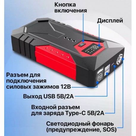 Пусковое Устройство для Автомобиля, 12000 мАч с зарядкой через USB, цифровой дисплей  оптом-2