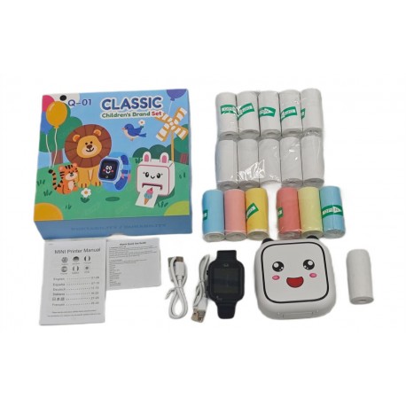 Набор мини-принтер и детских часов MINI Printer Manual Q-01 CLASSIC с бумагой для печати-1