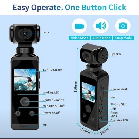Карманная экшн-камера 4K, 1.33", с углом обзора 270°для блогеров и путешественников-6