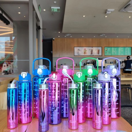 Бутылка для воды спортивная 3 в 1 с гальваническим покрытием, градиентный цвет 640 мл пружинная крышка  оптом-3