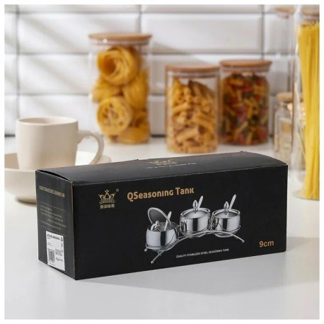 Набор банок для специй из нержавеющей стали QSeasonina Tank на подставке, 3 шт, 280 мл  оптом-6