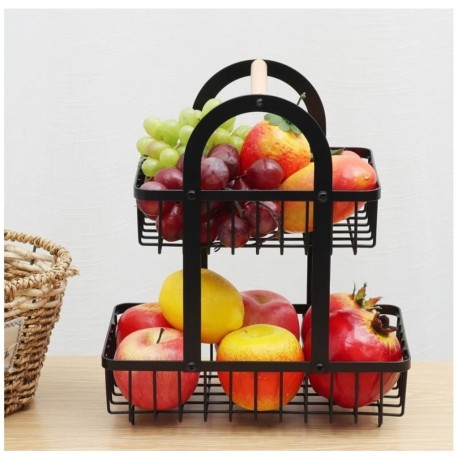 Металлическая двухъярусная фруктовница с деревянной ручкой  оптом-1