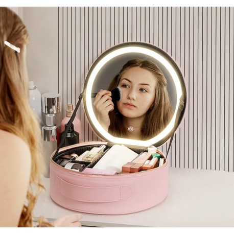 Портативная круглая косметичка с зеркалом, круглая, маленькая, в чехле  оптом-2