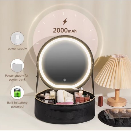 Круглая косметичка с зеркалом и светодиодной подсветкой, большая  оптом-4