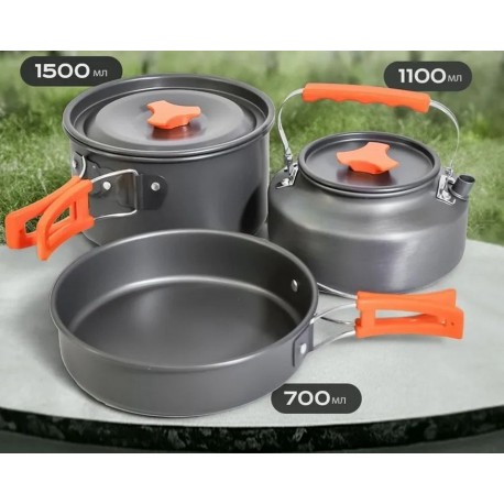 Набор походной посуды 3 в 1 с крышками, складные ручки-1