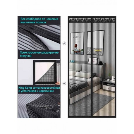 Москитная сетка на магнитах чёрная 120*210 см от мух, комаров и мошек-1