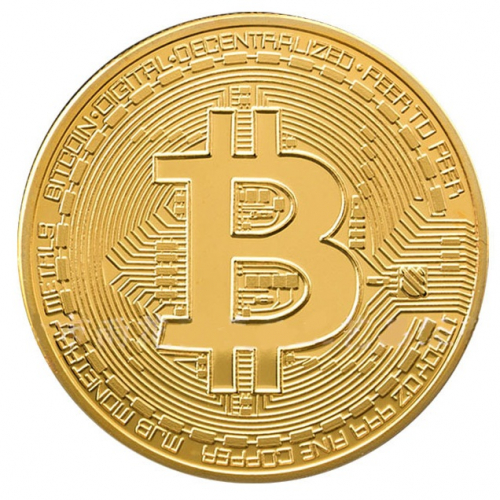 Gold coin souvenir Bitcoin su uno sfondo nero Foto stock - Alamy